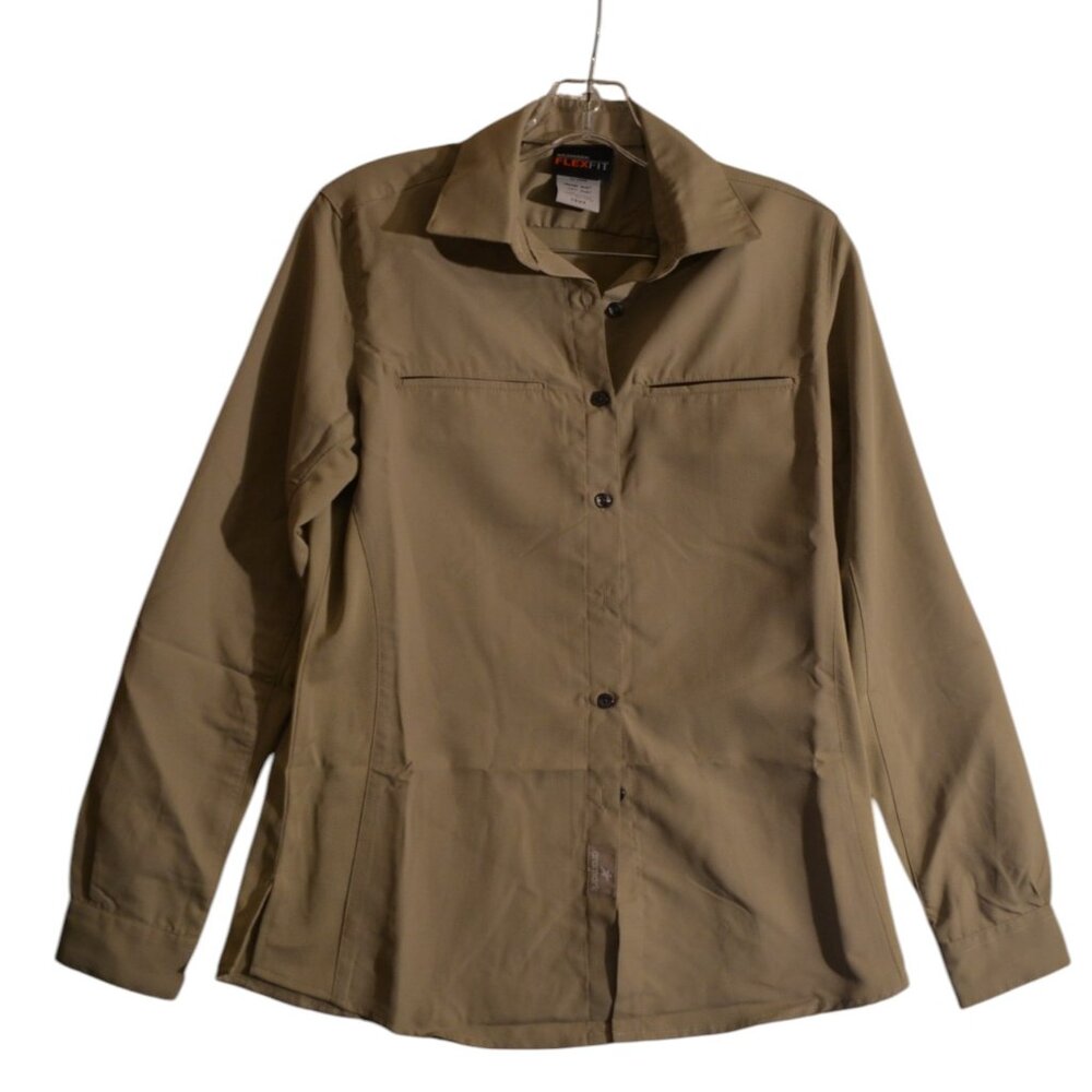 ARAMARK FLEXFIT Gray-Tan Polyester Long Sleeves Buttons-Down Shirt Women's XSMR